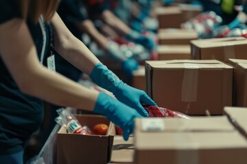 Hands busy and purposeful as they pack donation boxes for charity generative ai