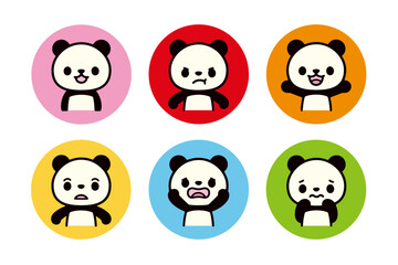 Set of icons of various expressions of cute pandas facing forward