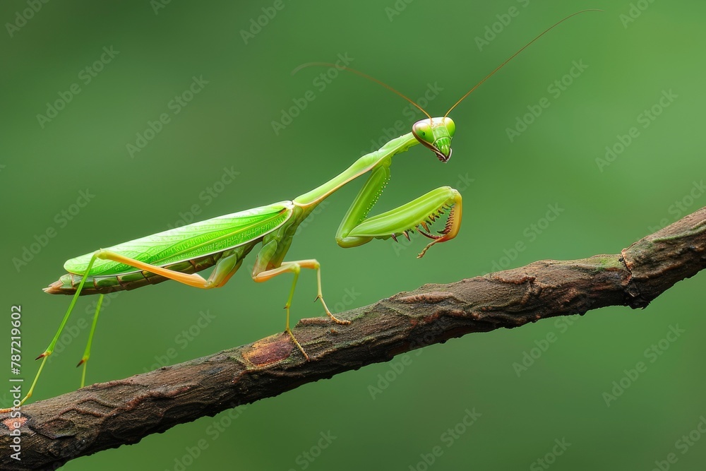 Poster intricate close up macro image of a praying mantis highlighting its fascinating details