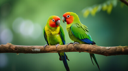 two parrots on a branch in love 