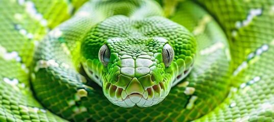 Obraz premium Close up of a vibrant green serpent in the lush foliage of a tropical jungle setting