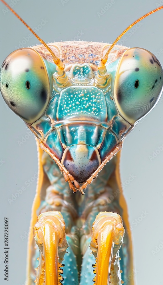 Poster detailed close up macro photograph showcasing the intricate features of a praying mantis