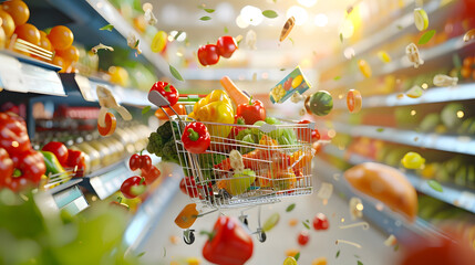 Fresh groceries and goods falling in a supermarket trolley grocery shopping concept : Generative AI - obrazy, fototapety, plakaty