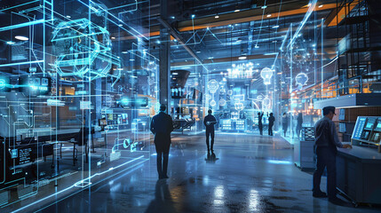 Futuristic Factory with Holographic Displays Innovation and Efficiency in Smart Manufacturing