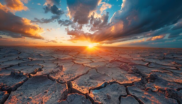 Arid dessert landscape with dramatic sunset sky and cracked earth - Powered by Adobe