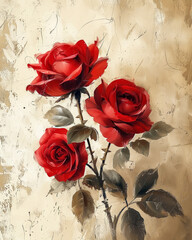 Vintage Red Rose Painting Background in Distressed Grunge Style