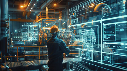 Future Factory Engineer Navigating Holographic Interface in Manufacturing Plant of the Future
