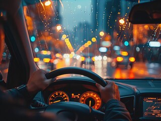 Driving a car on the city streets on a rainy night