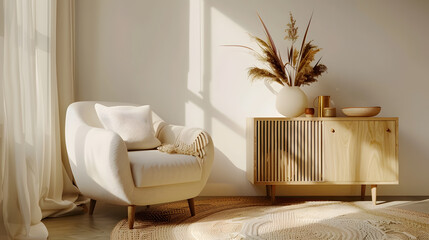 Aesthetic composition of living room interior with copy space boucle armchair vase with dried flowers round pillow wooden sideboard beige rug and personal accessories Home decor Templa : Generative AI
