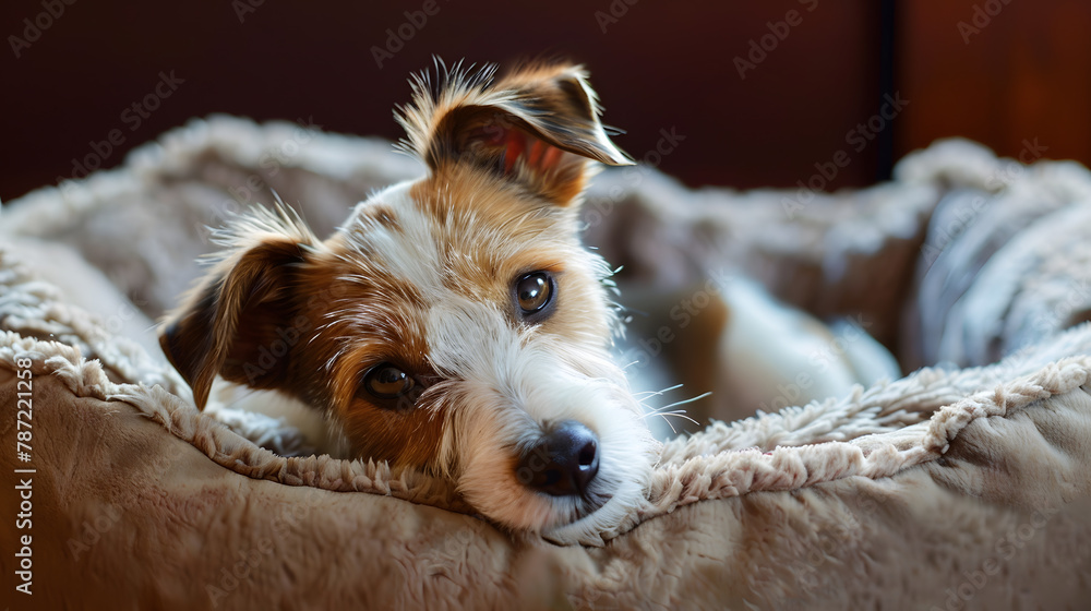 Poster wire haired jack russell terrier puppy in the dog bed looking at the camera small rough coated doggy