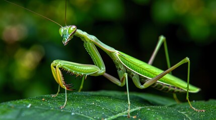 Detailed macro shot of a praying mantis in close up, showcasing intricate details