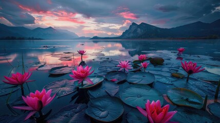 Pink water lilies floating in the lake - Powered by Adobe