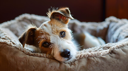 Wire Haired Jack Russell Terrier puppy in the dog bed looking at the camera Small rough coated doggy with funny fur stains resting in a lounger at home Close up copy space background : Generative AI