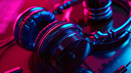 Music copyright law concept Headphones and judge gavel background with copyspace Music piracy and owners rights : Generative AI