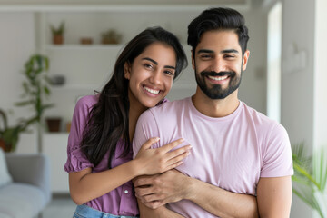 A happy man in his thirties wearing a purple shirt is being held by his wife and the woman he loves, people in love smiling with closed eyes tender man touching his attractive girlfriend