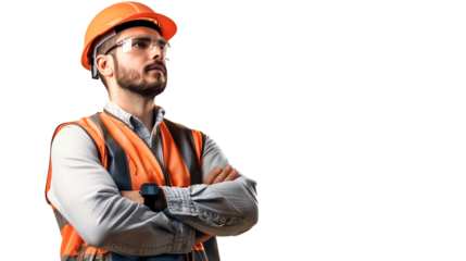 portrait of an engineer wearing safety helmet isolated on transparent background, engineer cutout 