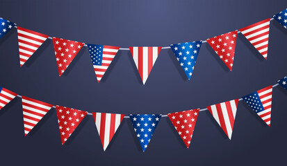 set of triangle bunting flags in american national flag USA presidential election concept horizontal - obrazy, fototapety, plakaty