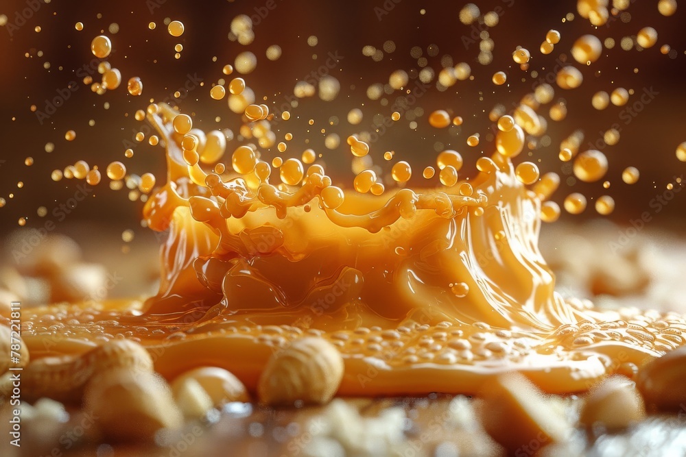 Poster a high-speed capture of caramel creating a splash over scattered nuts, emphasizing its rich texture 