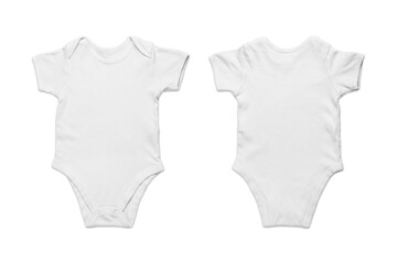 Empty Blank White baby onesie mockup isolated over white background. Front and back side view. 3d rendering. - obrazy, fototapety, plakaty