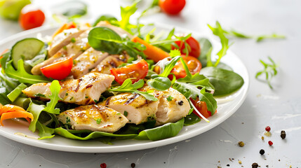 Chicken Salad with fresh vegetables and greens on white table Roasted Chicken Fillet green lettuce arugula tomatoes salad for healthy lunch banner copy space : Generative AI