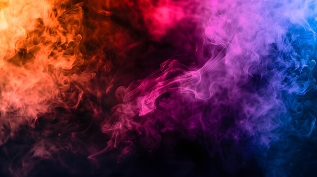 Color Smoke Mist Cloud Spiritual Energy Neon Pink Blue Orange Light Steam Flow On Dark Black Copy Space Abstract Background : Generative AI