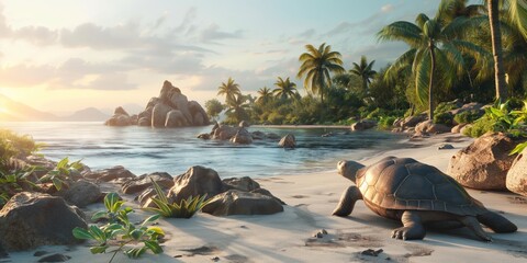 A serene image of a turtle heading towards the ocean with tropical palm trees in the backdrop during the golden morning light