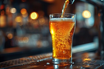 A picture of a refreshing pint of beer being poured with bubbly froth at a bar, capturing the essence of a leisure drink - obrazy, fototapety, plakaty