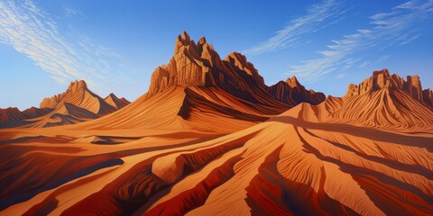 Stunning digital illustration of a desert with vivid orange and red geological formations under a clear blue sky