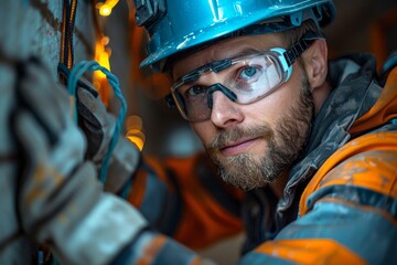 The image showcases miners in orange safety gear working with heavy industrial tools in a dimly lit environment