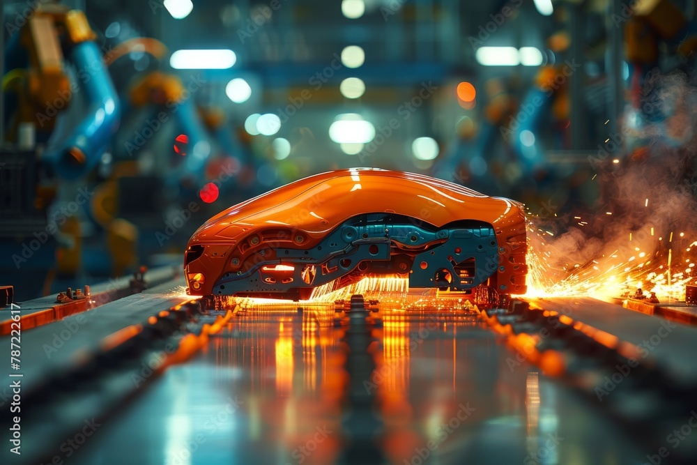 Poster a futuristic scene of a robotic assembly line in action with sparks flying over a half-built car bod