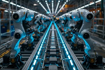 A symmetrical view of multiple robotic arms aligned on a production line in an industrial setting