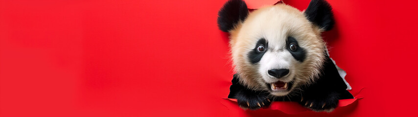 Fototapeta premium Header, banner with cute funny curious panda peeking through torn red paper background. 