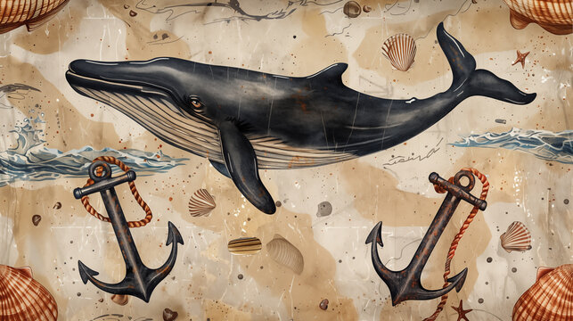 Marine background with whale and anchors.
