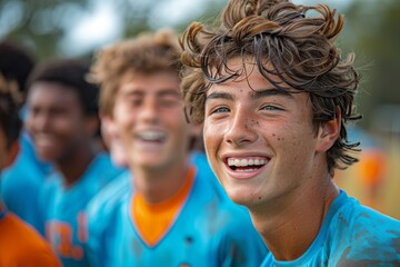 Joyous young soccer player with curly hair smiling with his team in the background