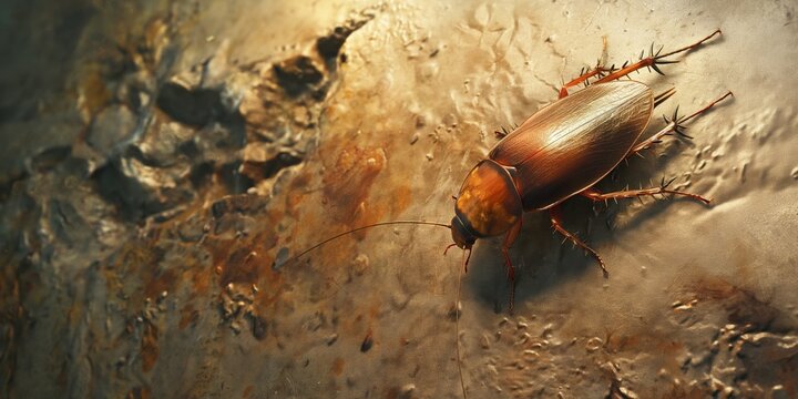 Close-up, highly detailed image of a single cockroach navigating a rough, textured surface, evoking discomfort