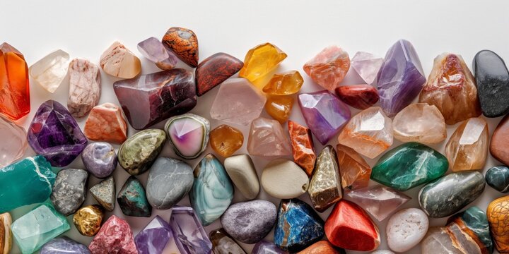 A rich variety of multicolored polished gemstones laid out in an organic pattern, displaying texture and luxury