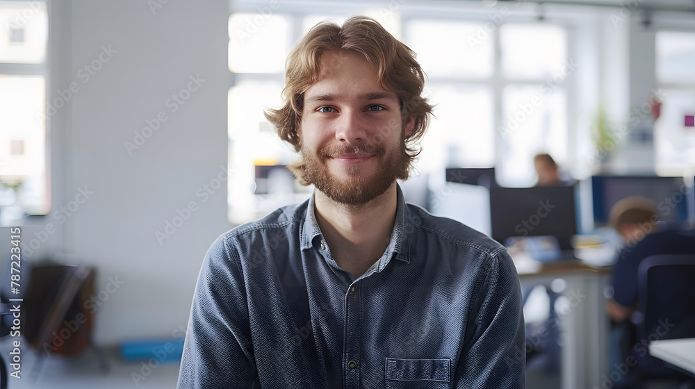 Poster Portrait of male software developer smiling at camera while sitting at workplace in office copy space : Generative AI