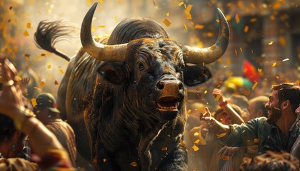 Bull Market Celebration, Illustrate scenes of investors celebrating and cheering in response to a bull market, with rising stock prices and positive sentiment - obrazy, fototapety, plakaty
