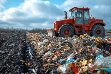 A red tractor advances through a vast landfill, emphasizing the pressing issue of waste management and environmental pollution