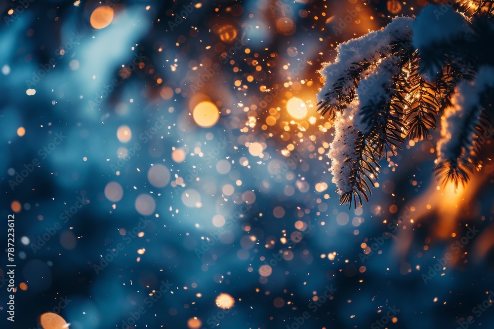 Poster a serene winter scene of a snow-covered fir branch contrasting with a beautiful bokeh effect backgro