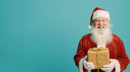 Happy Santa Claus holding christmas gift on blue background