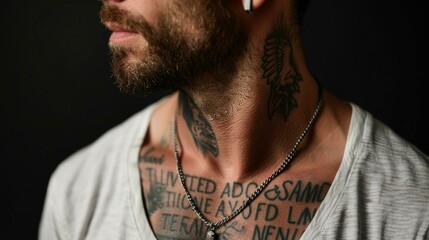 Across their collarbone a bold and intricate quote tattoo reminds them to stay strong in times of adversity. .