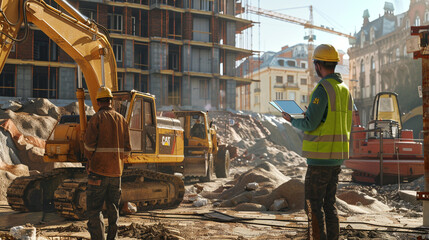 Civil engineer using a tablet to manage a construction project on a sunny day with a worker and excavator on site.