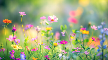 Vibrant Wildflowers Basking in Soft Sunlight with a Bokeh Background. Generative AI