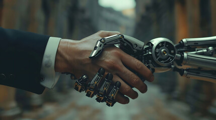 Fusion of technology and humanity, businessman and robot handshake eye level, balanced light, detailed textures