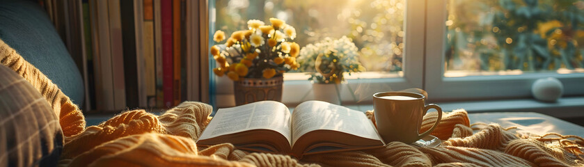 Afternoon read, book with coffee cup, tranquil moment soft backlight, mid shot, cozy details, leisure time - obrazy, fototapety, plakaty