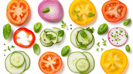 Sliced and Whole Fresh Vegetables with Herbs and Spices on White Background. Generative AI