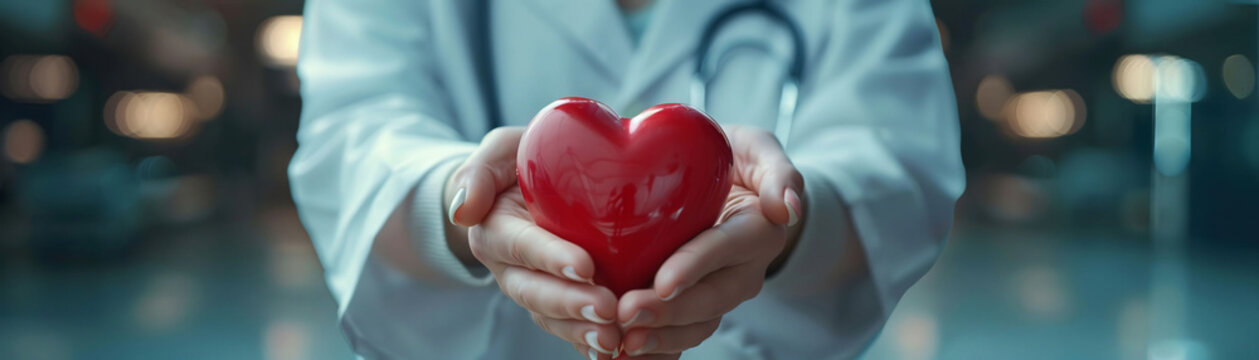 Caring hands, doctor with heart sharp detail, blurred hospital setting, compassion symbol