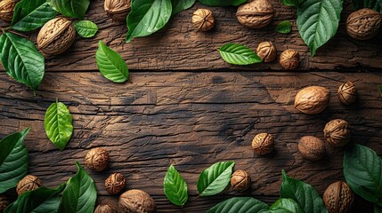 Walnuts, whole and cracked open, are spread across a rustic wooden surface, highlighting textures...