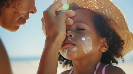 Young mother applying protective sunscreen on daughter nose at beach with copy space Black woman hand putting sun lotion on female child face African american cute little girl with sun : Generative AI